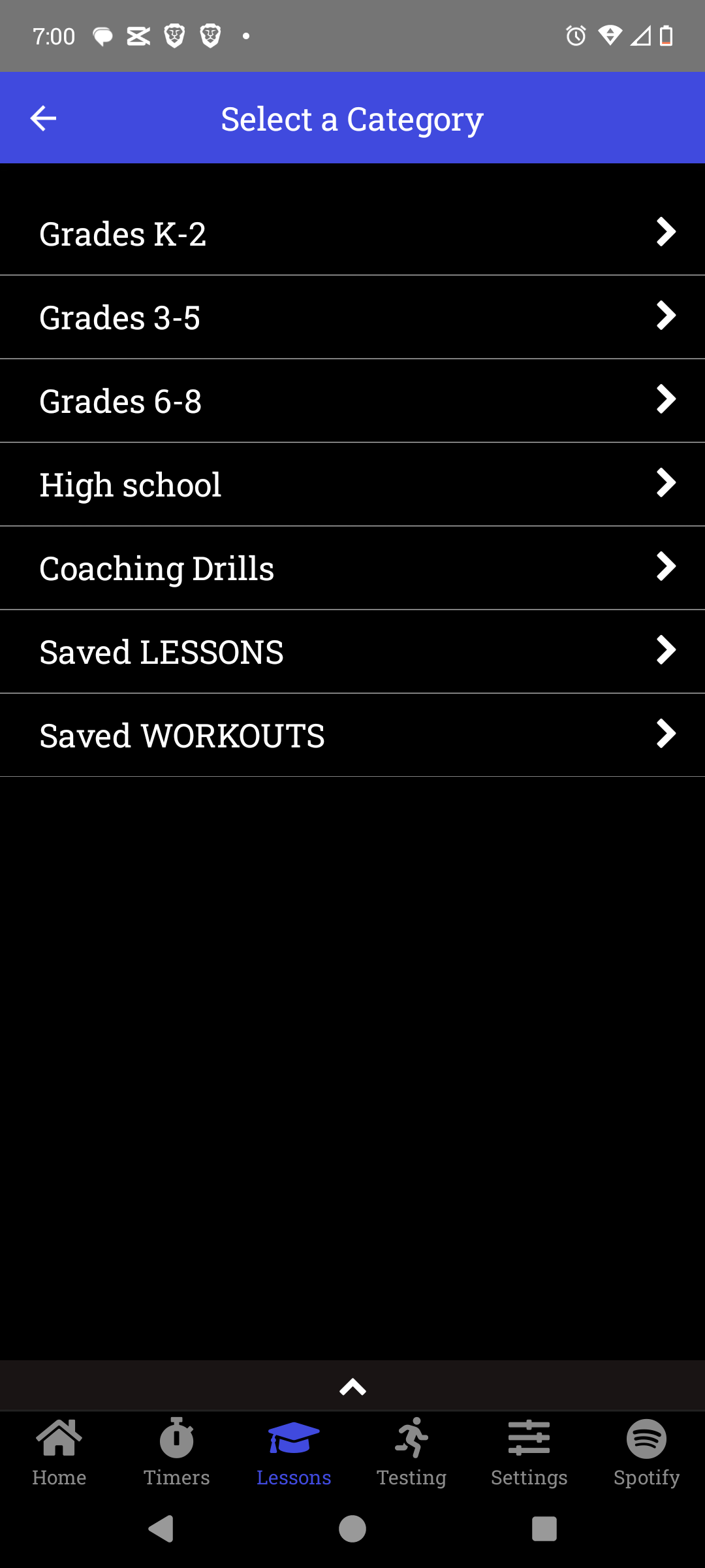 Lesson categories screen in the app