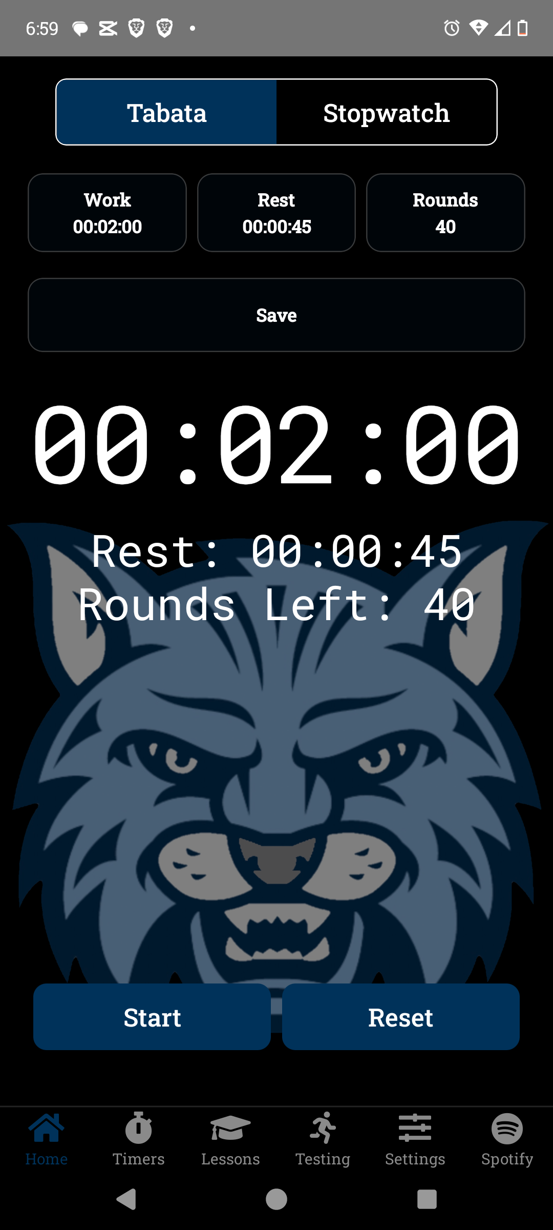 Tabata timer screen with work, rest, and rounds